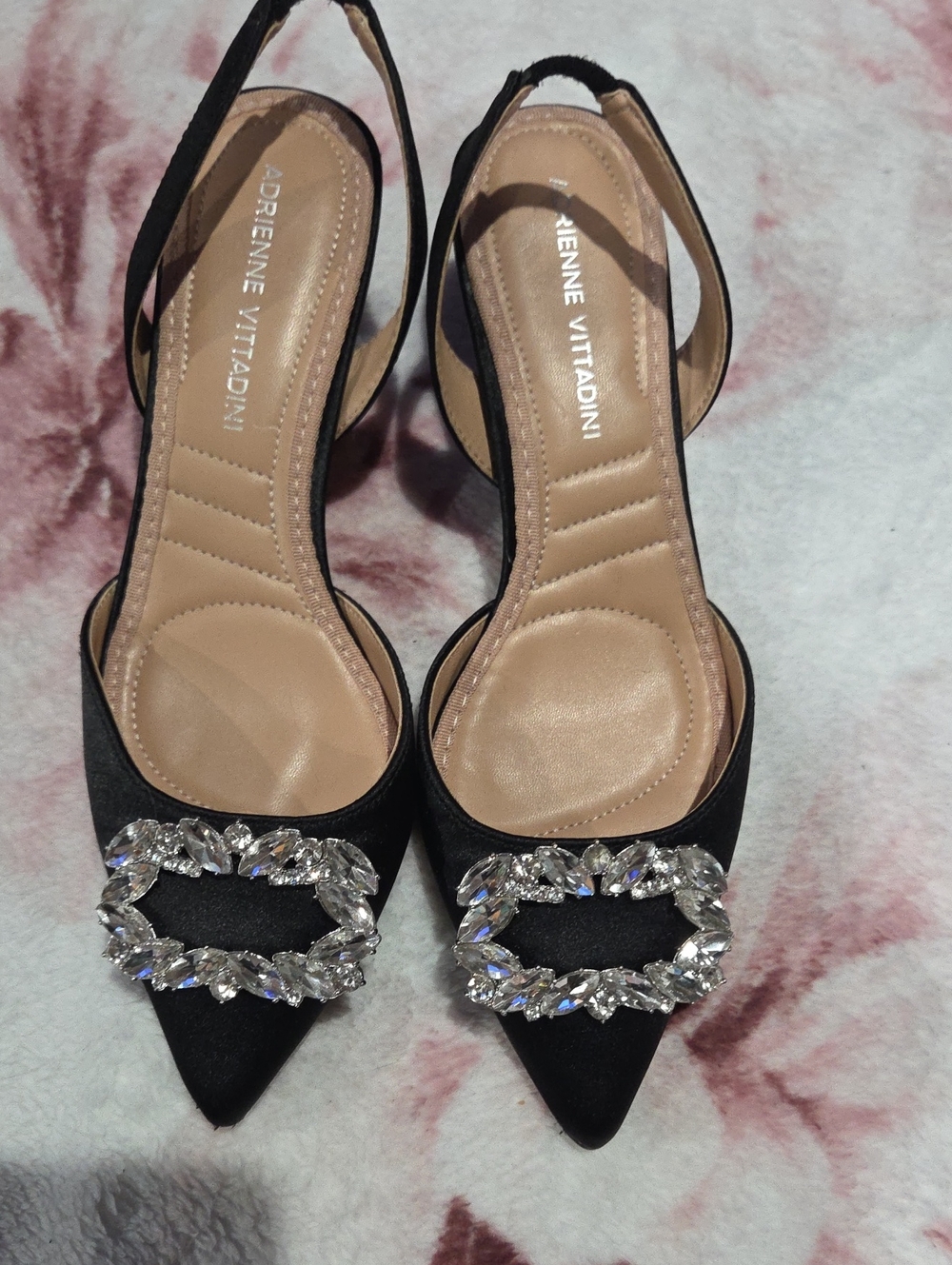 Adrienne Vittadini Black Pointed-Toe Slingback Pumps with Crystal Buckle